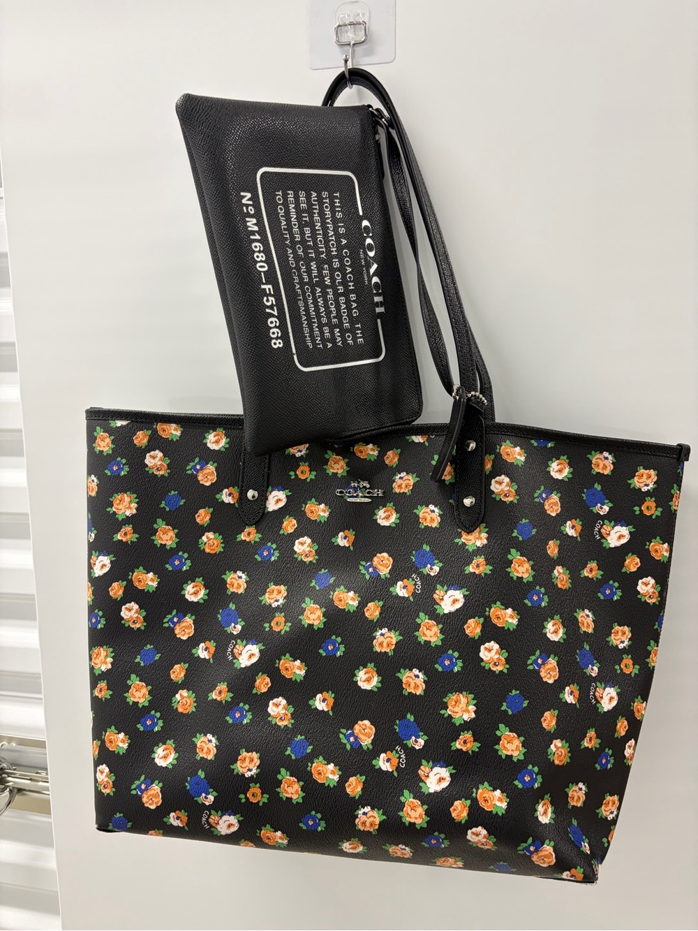 Coach Black Floral Tote with Matching Black Zip Pouch